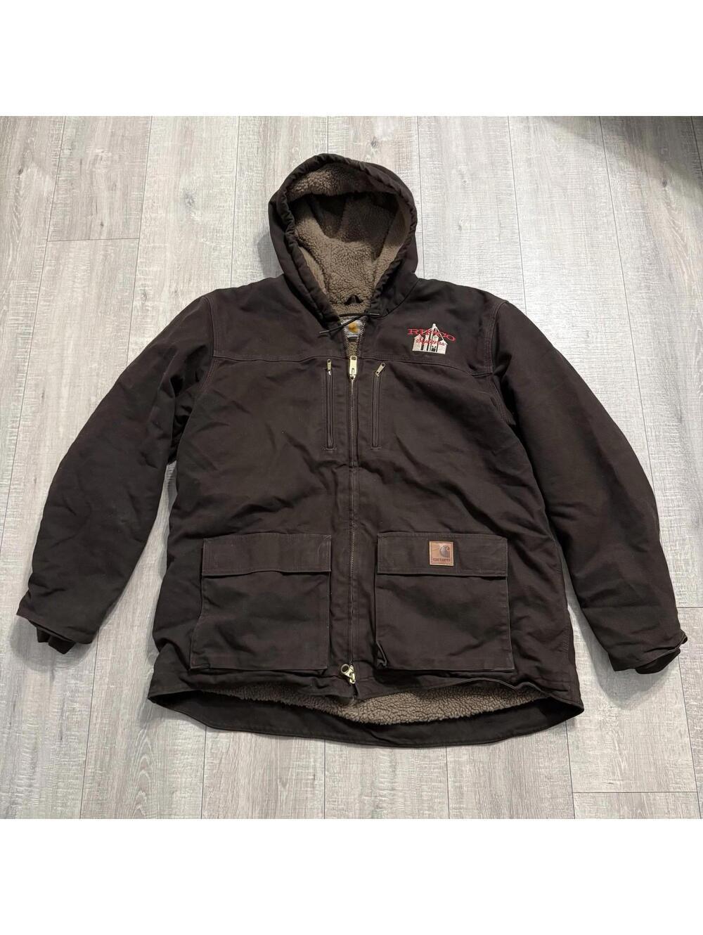 Carhart Coat C95 Dk Brown Duck Sherpa Lined Hooded Sandstone RIPCO Jacket Men XL - Picture 2 of 12